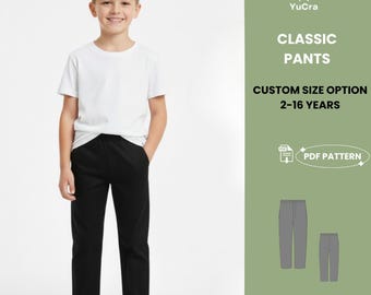Patrón de costura en PDF para pantalones clásicos para niños / Pantalones básicos con cintura elástica para ropa informal infantil de 2 a 16 años / Patrón en PDF para principiantes