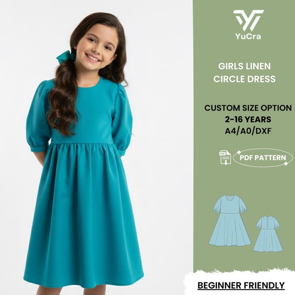 Girls Linen Circle Dress PDF Sewing Pattern | Half Sleeve Kids Skater Gown Pleated Party Wear 2-16 Years | Beginner Friendly PDF Pattern