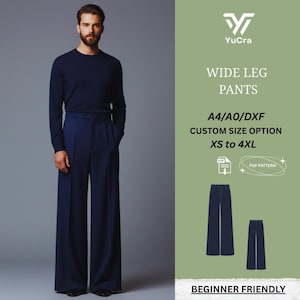 Könnte beinhalten: Eine Person trägt eine marineblaue Hose mit weitem Bein und ein passendes Langarmshirt. Das Bild enthält den Text "WIDE LEG PANTS" und "XS to 4XL". Das Design ist "BEGINNER FRIENDLY".