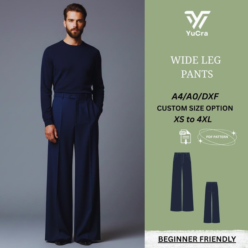 May include: A person wearing navy blue wide-leg pants and a matching long-sleeve shirt. The image includes text that reads "WIDE LEG PANTS" and "XS to 4XL". The design is "BEGINNER FRIENDLY".