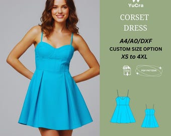 Patrón de costura para vestido con corsé / Vestido mini bustier ajustado XS-4XL / Vestido de fiesta acampanado / Patrón PDF fácil y práctico para principiantes