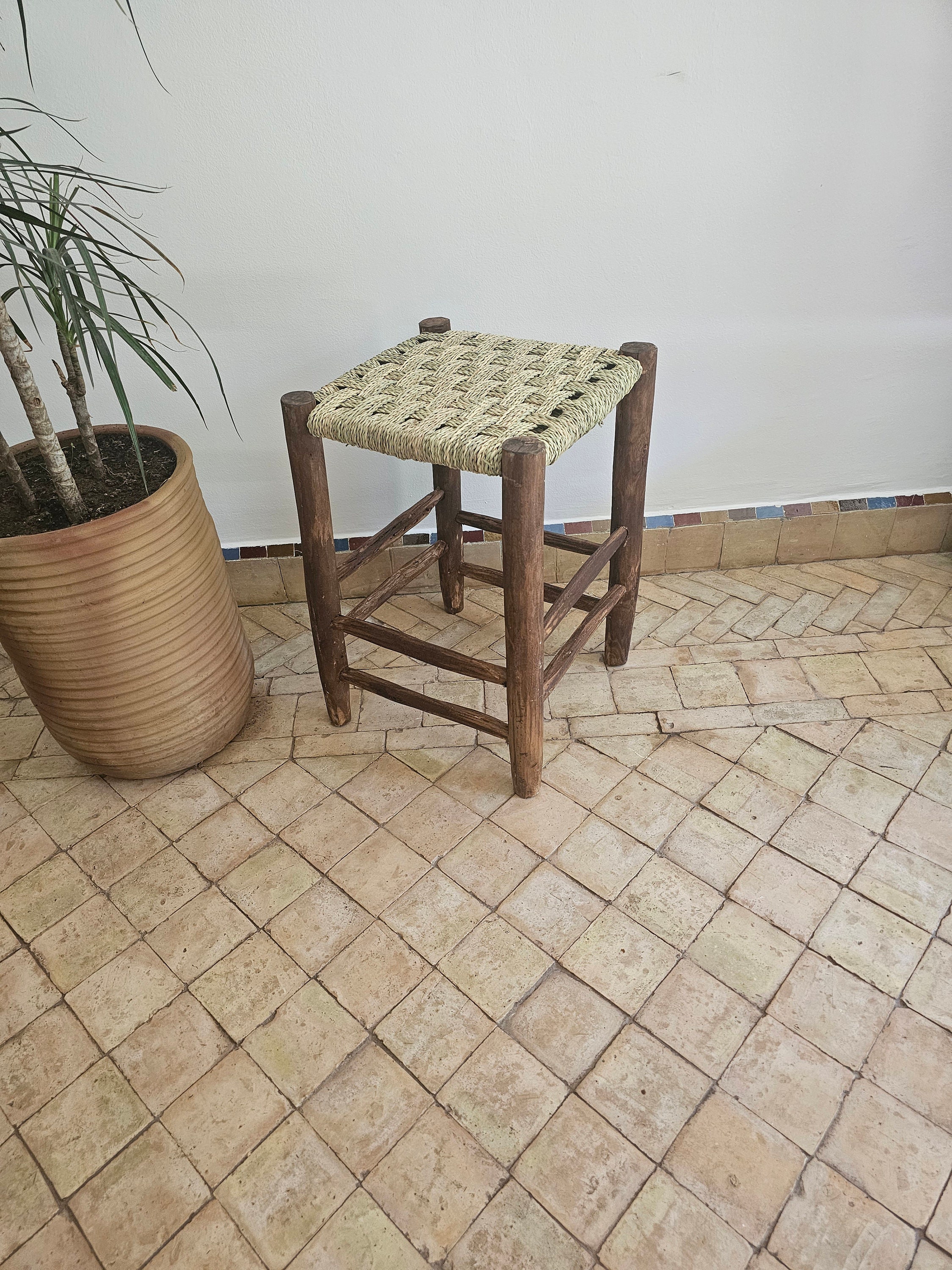 Checkerboard Rope Small Moroccan Stool Made of Wood and Natural Rope Checkerboard Weave ...