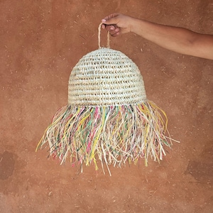 Straw ball pendant light with raffia multicolor fringes , Moroccan straw lampshade