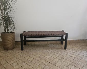 Moroccan bench with brown leather and black wood