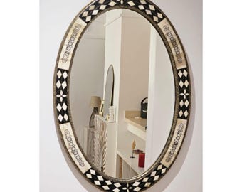 Oval Moroccan oriental mirror with bone frame