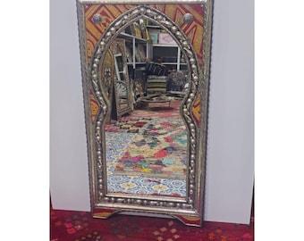 Moroccan oriental mirror in metal and painted leather frame  - Arched door-shaped handmade wall decor