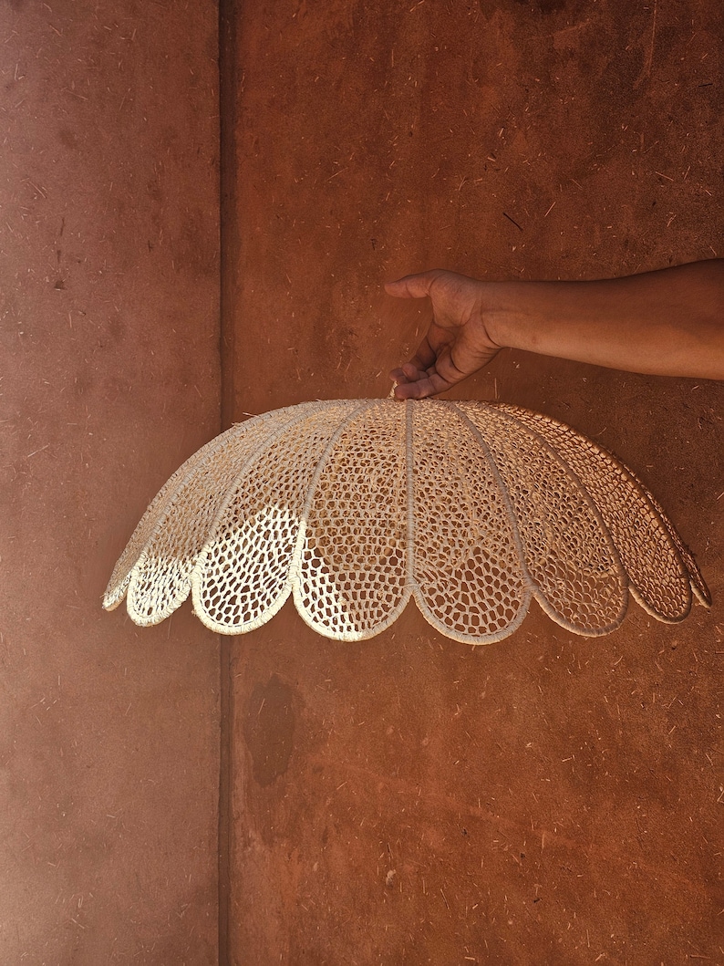 May include: A white crocheted lampshade with a scalloped edge hangs from a hand against a brown wall.