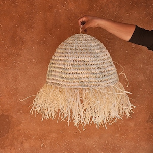Straw ball pendant light with raffia fringes , moroccan straw lampshade