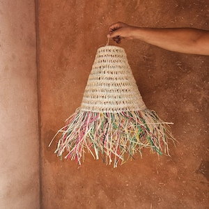 Moroccan pendant light in straw with multi color fringes , straw lampshade