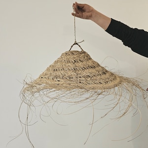 May include: A natural woven lampshade with a fringe of long, thin strands hanging down. The shade is light brown and has a woven pattern.