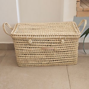 Handwoven Wicker and Palm Leaf Toy Trunk - Storage Basket