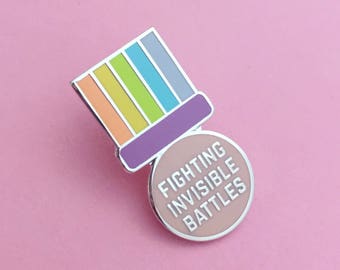 Fighting Invisible Battles Medal Enamel Pin Badge - Adult Achievement - Positivity Pin - Rainbow Badge