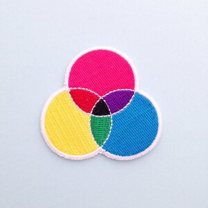 Embroidered patch with three overlapping circles. The circles are filled cyan, magenta, and yellow, with the colours mixing in the areas where they overlap. Patch has a white merrowed edge.