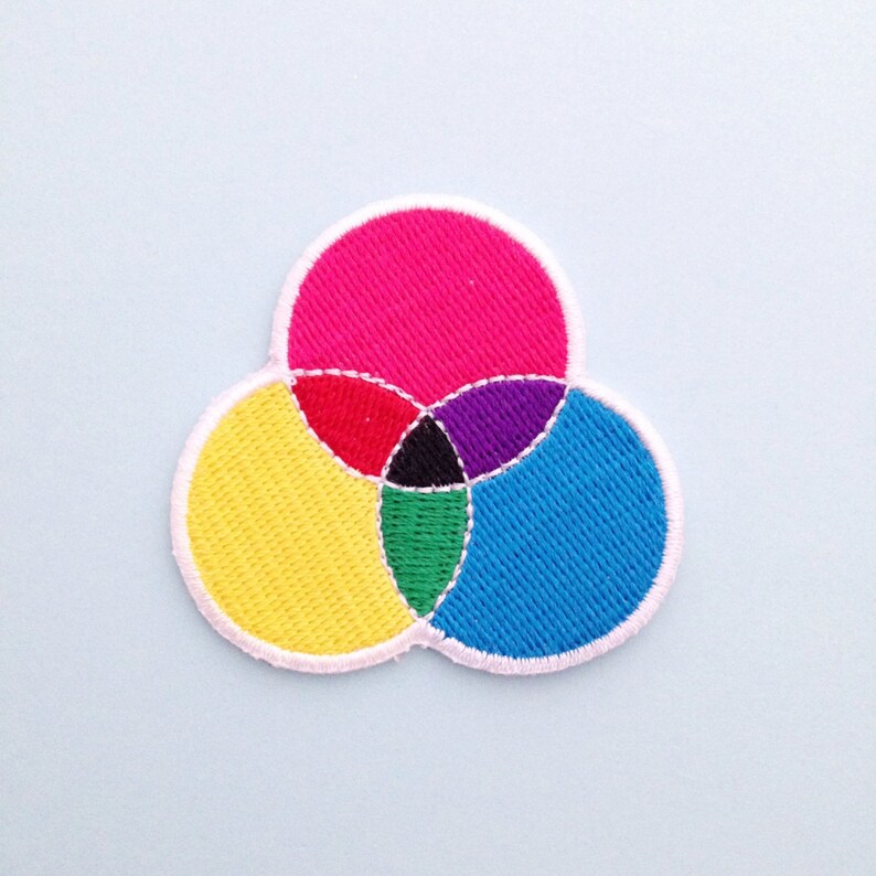 Embroidered patch with three overlapping circles. The circles are filled cyan, magenta, and yellow, with the colours mixing in the areas where they overlap. Patch has a white merrowed edge.