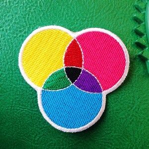 Embroidered patch with three overlapping circles. The circles are filled cyan, magenta, and yellow, with the colours mixing in the areas where they overlap. Patch has a white merrowed edge.