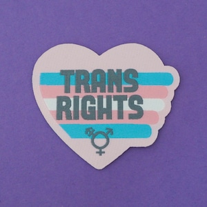 Puede incluir: Un parche en forma de corazón rosa con el texto "TRANS RIGHTS" en letras grises. El parche presenta un diseño de bandera del orgullo transgénero con rayas azules, rosas y blancas. Un símbolo transgénero está centrado debajo del texto.