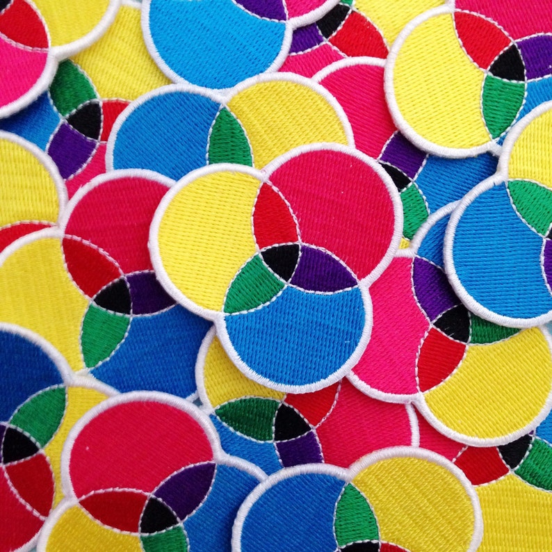 Scattered pile of embroidered patches. They each have three overlapping circles. The circles are filled cyan, magenta, and yellow, with the colours mixing in the areas where they overlap. Patch has a white merrowed edge.