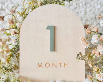 May include: A wooden monthly milestone marker with an arched top. The number "1" is in sage green, and the word "MONTH" is engraved below. The background is decorated with flowers.