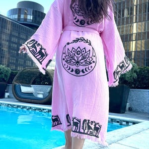Kimono Robe,Soft Woven Cotton Pink Robe in Ethnic Life Tree Design,Bohemian Style Robe,Cozy Blanket Robe,Tie-Belt Robe
