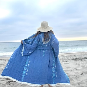 Kimono Robe,Soft Woven Cotton Evil Eye Robe in Arrow Design,Bohemian Style Robe,Cozy Blanket Robe,Tie-Belt Robe,Woven eye Kimono Blue