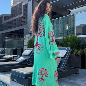 Kimono Robe,Soft Woven Cotton Green Robe in Life Tree Design,Bohemian Style Robe,Cozy Blanket Robe,Tie-Belt Robe
