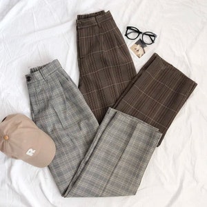 Dark Academia Clothing Plaid Pants, Light Academia Vintage Style High Waisted Pants For Your Minimalist Style