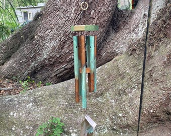 Wind Chime #57 Six 1/2 inch diameter oxidized and flame treated copper pipes with  Teakwood top. 21 inches long.