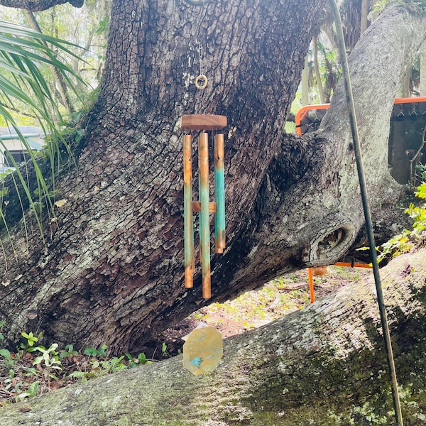 Wind Chime #82 Six 1/2 inch diameter oxidized and flame treated copper pipes with  Teakwood top and center. 24 inches long.