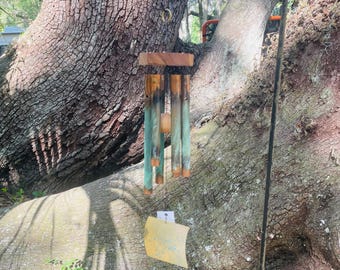 Wind Chime #53 Six 1/2 inch diameter oxidized and flame treated copper pipes with  Teakwood top. 19 inches long.