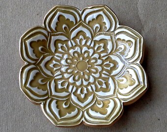Ceramic Lotus Ring Dish  3 1/4 inches round Dijon yellow edged in gold