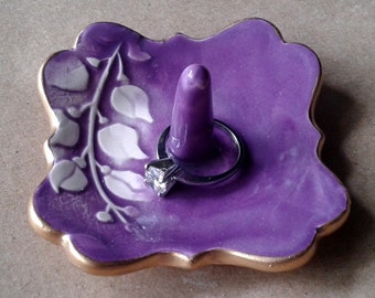 Small Ceramic Ring Holder Purple Vine 3 inches wide edged in gold   Wholesale  available