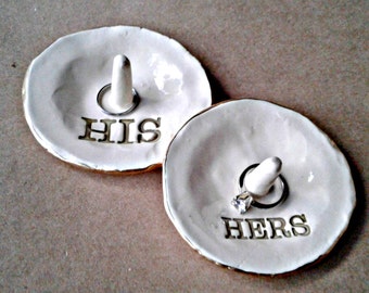 Ceramic His and Hers Ring Holders Two piece Set OFF WHITE edged in gold   Wholesale  available