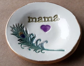 Ceramic  MAMA Ring Dish Trinket Bowl with feather edged in gold  Mothers Day Gift   Wholesale  available