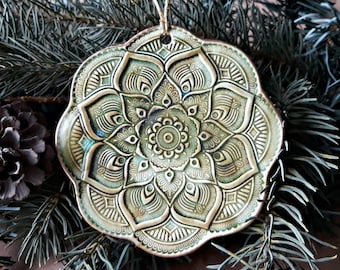 Ceramic Mandala Christmas Ornaments   Moss Green edged in gold