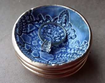 THREE Tiny Ceramic Ring Bowl  Ring Dish Ring Holder Denim Blue Lace edged in gold  2 1/2 inches round Wholesale  available