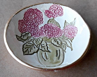 Ceramic  Hydrangea Ring bowl Ring dish Trinket dish edged in gold Organic Shape   Wholesale  available