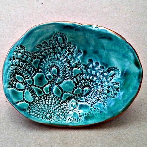 Lace Ring Dish Ring Bowl Ring Holder Ceramic jewelry Dish malachite green edged in gold Wholesale available image 1