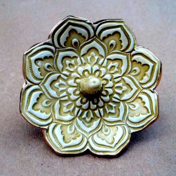Ceramic Lotus Ring Holder 3 1/4 inches  round Dijon Mustard Yellow and Cream edged in gold   Wholesale  available
