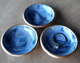 THREE Tiny Ceramic Ring Bowl Ring Dish Ring Holder Peacock green edged in gold 2 12 inches round Wholesale available