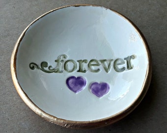 Ceramic Ring Dish Ring bowl Forever two hearts OFF WHITE edged in gold wedding shower gift   Wholesale  available