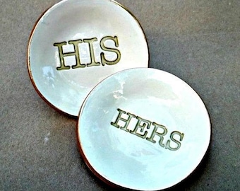 His and Hers Ceramic Ring Dishes Two piece Set OFF WHITE edged in gold   Wholesale  available