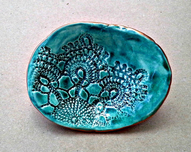 Lace Ring Dish Ring Bowl Ring Holder Ceramic jewelry Dish malachite green edged in gold Wholesale available image 1