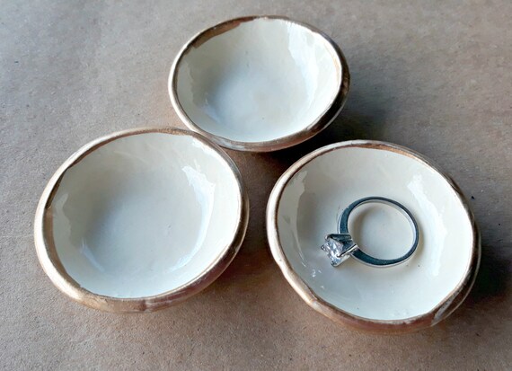 THREE Tiny Ceramic Ring Bowl Ring Dish Ring Holder Peacock green edged in gold 2 12 inches round Wholesale available