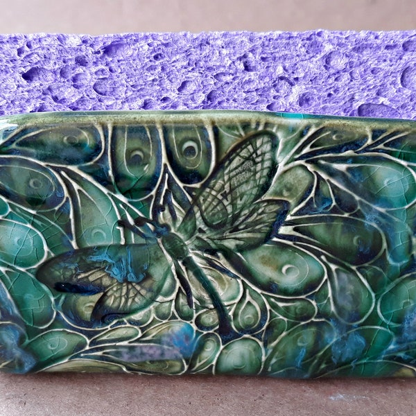 Ceramic Kitchen Sponge Holder  Business card Holder recipe holder Peacock Green with Dragonfly   Wholesale  available