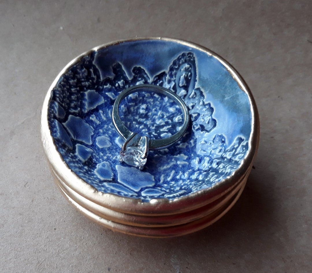 THREE Tiny Ceramic Ring Bowl Ring Dish Ring Holder Denim Blue Lace