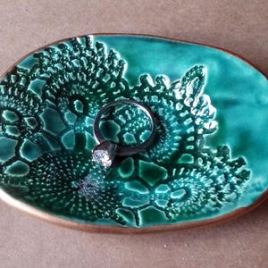 Lace Ring Dish Ring Bowl Ring Holder Ceramic jewelry Dish malachite green edged in gold Wholesale available image 2