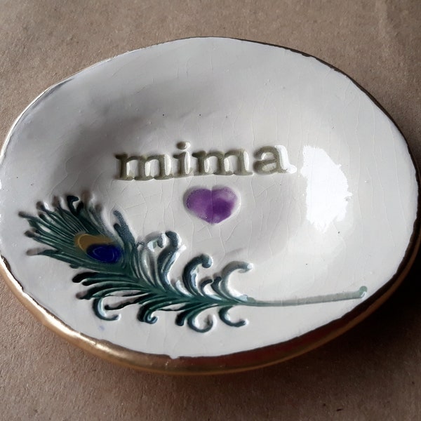 Ceramic Peacock Feather Ring Holder Dish trinket dish 4  inches round Mima   Wholesale  available