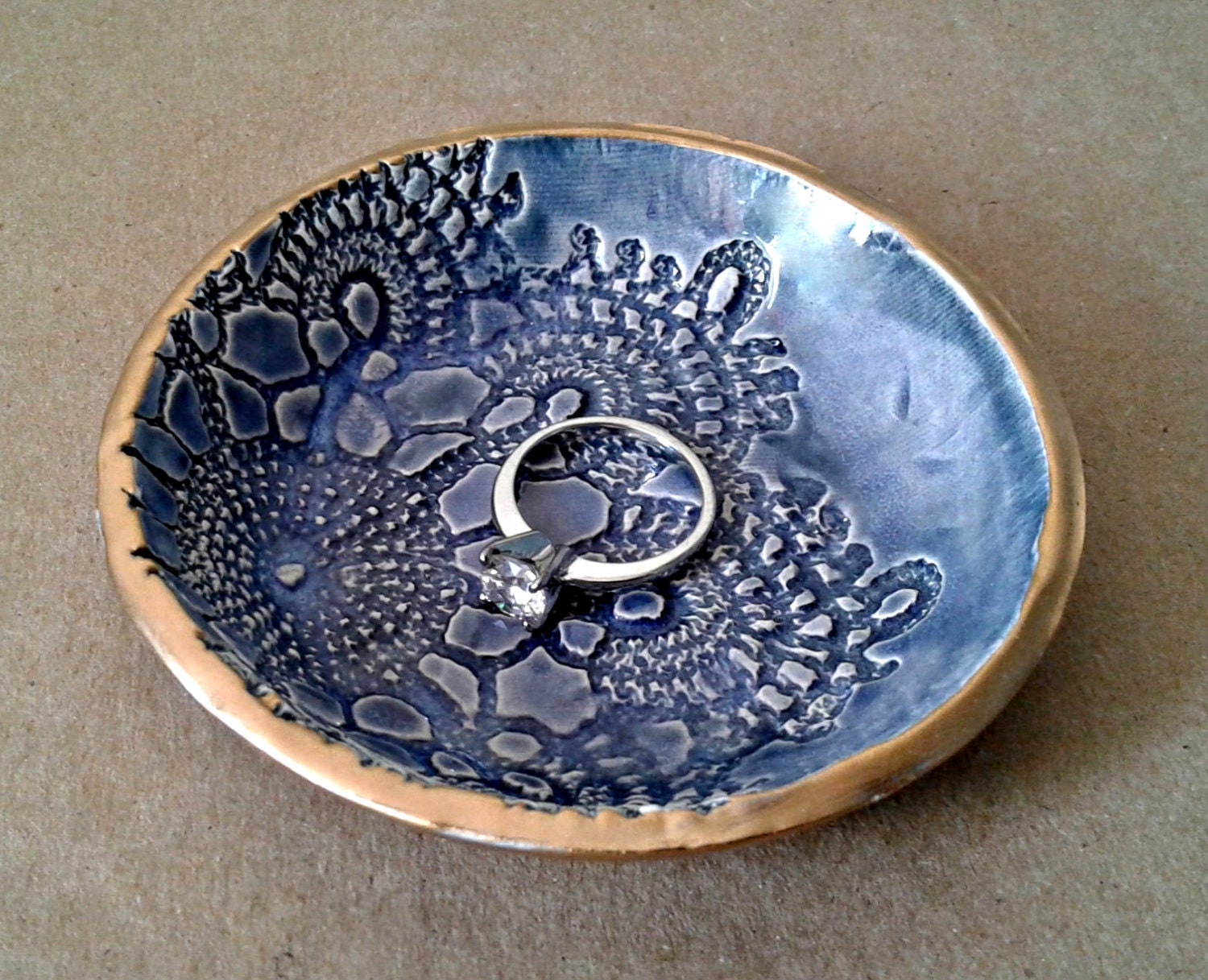 Ceramic Ring Bowl jewelry dish Denim Blue lace Gold edged Etsy