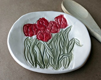 Ceramic Spoon Rest   Red Tulip