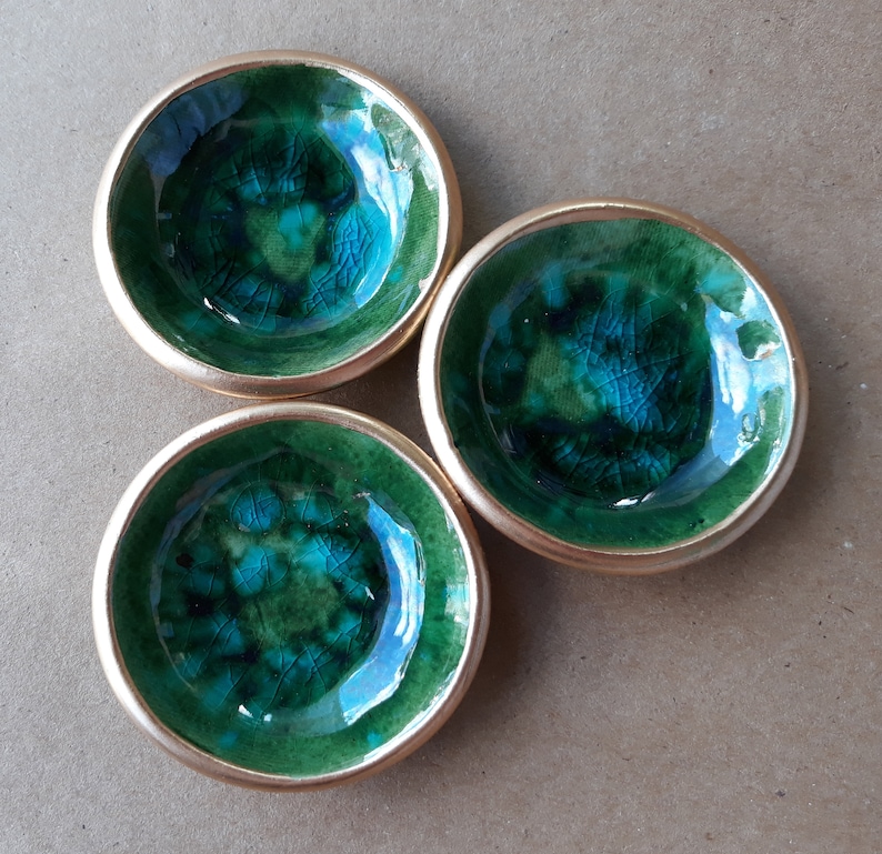 THREE Tiny Ceramic Ring Bowl  Ring Dish Ring Holder Peacock green edged in gold  2 12 inches round Wholesale  available